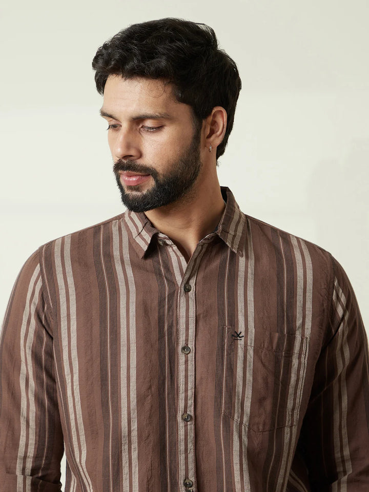 Striped Slim Fit Dobby Shirt | Brown