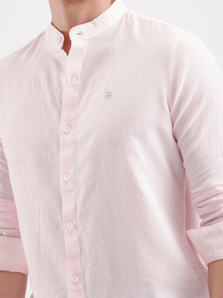 Slim Fit Mandrin Collar Linen Blend Shirt  | Pink