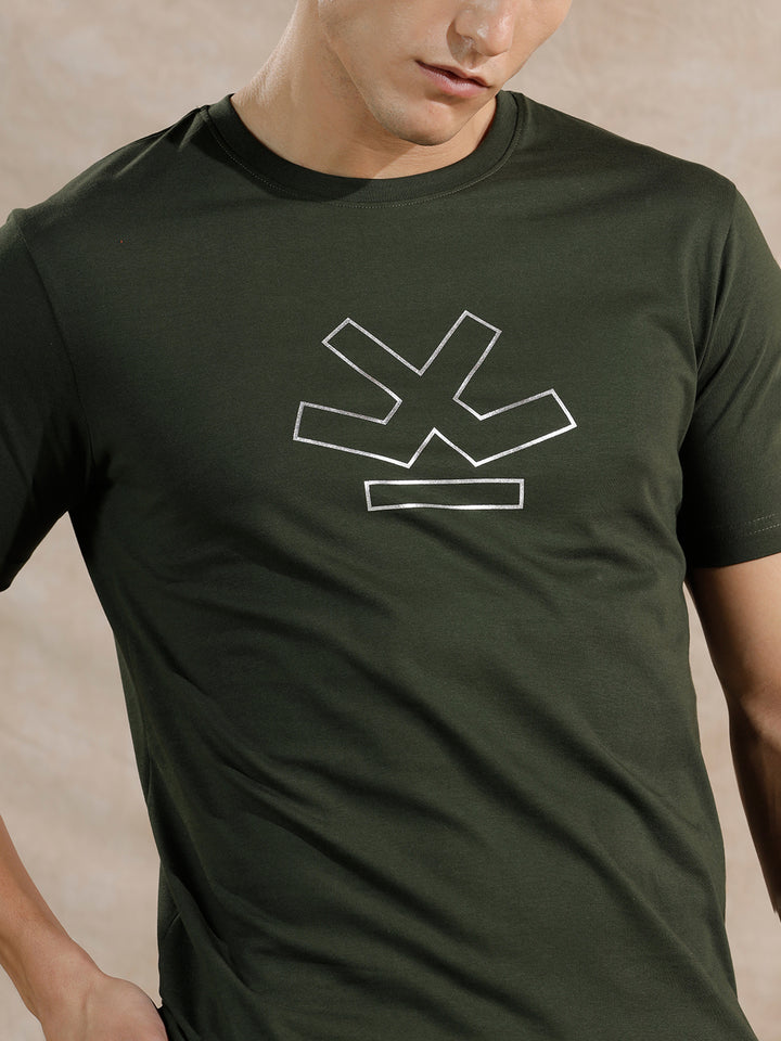 Silver Foil Print Slim Fit T-Shirt | Olive