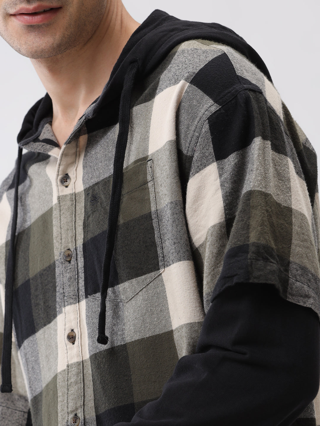 Hooded Checks Olive Boxy Fit Shirt