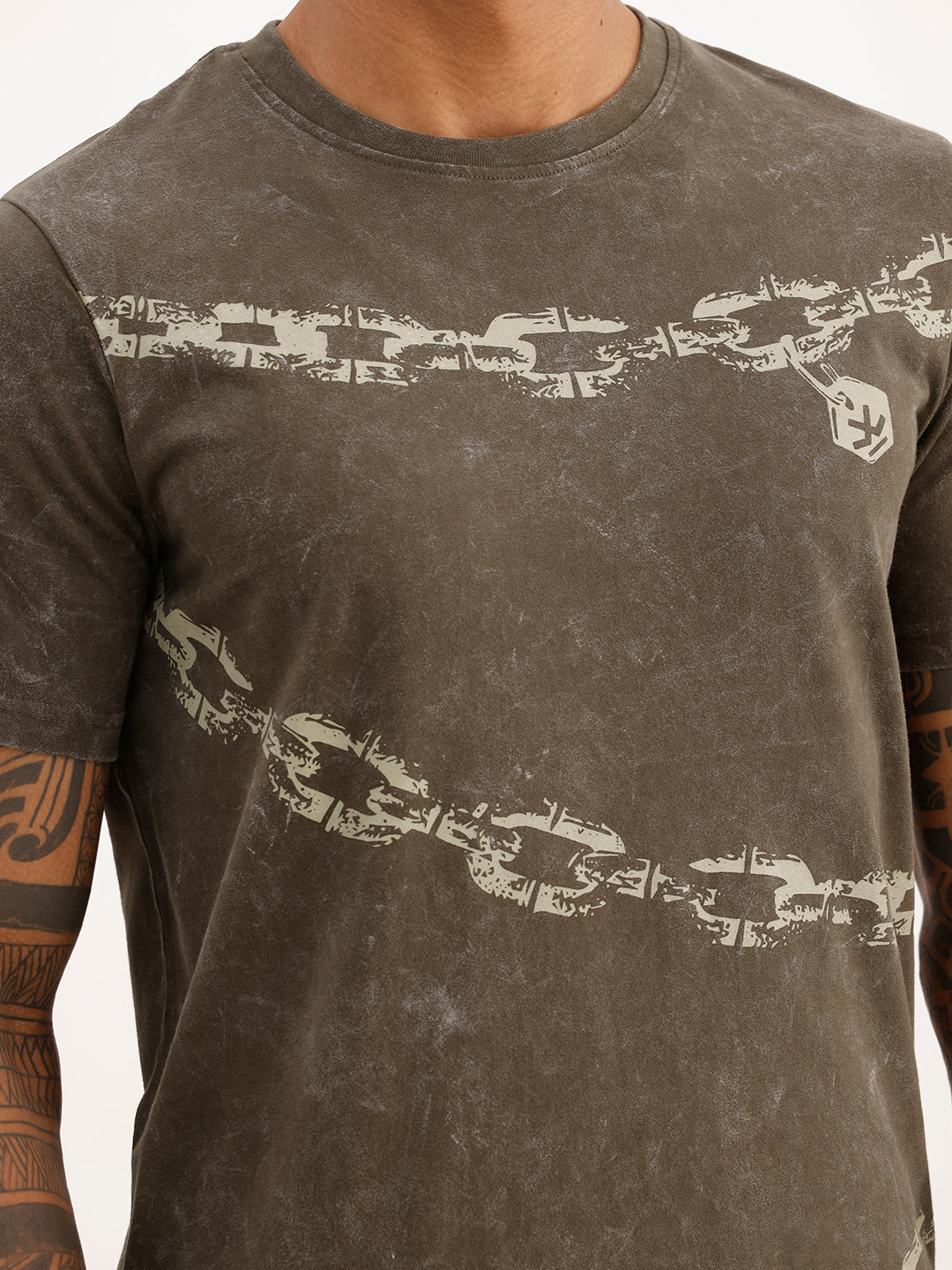 Washed Slim Fit Placement Printed T-Shirt | Olive