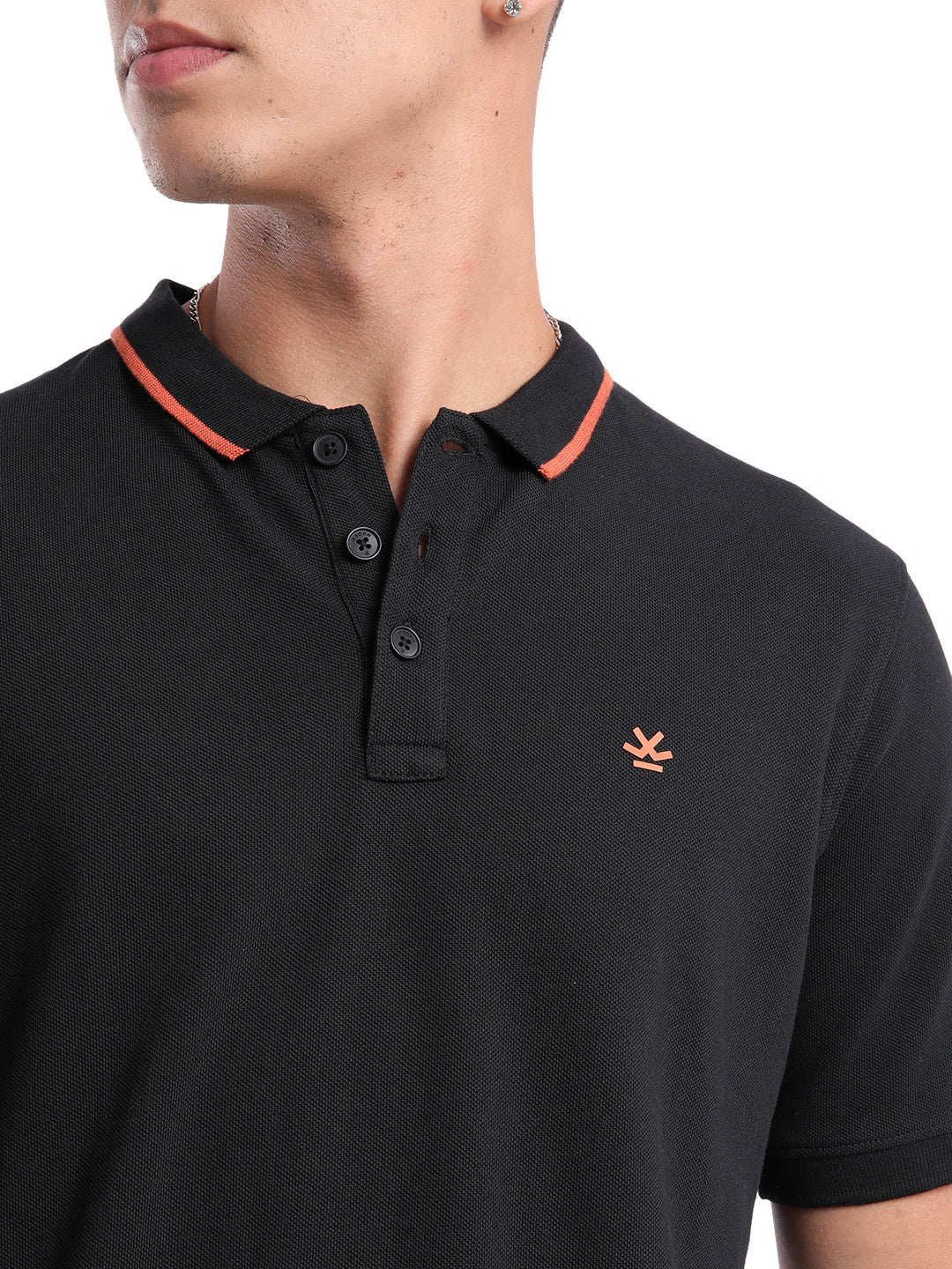 Solid Black  And Orange Tipping Polo T-Shirt