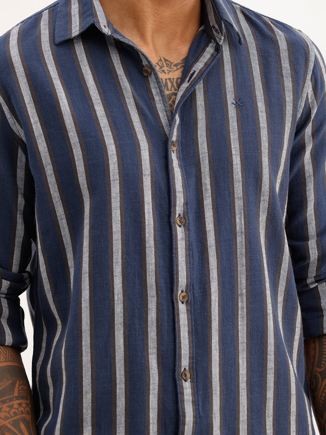 Slim Fit Striped Full Sleeve Shirt | Navy Blue