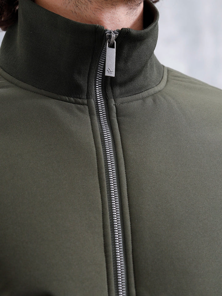 Solid Casual Slim Fit Bomber Jacket | Olive