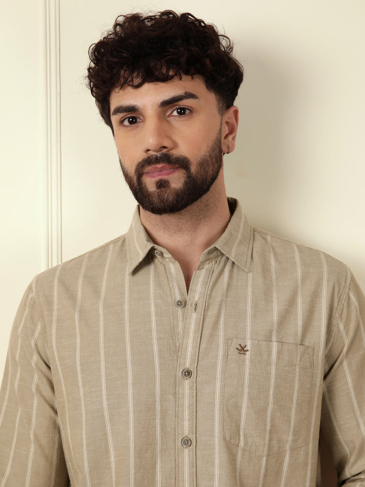 Chambray Striped Classic Shirt | Khaki