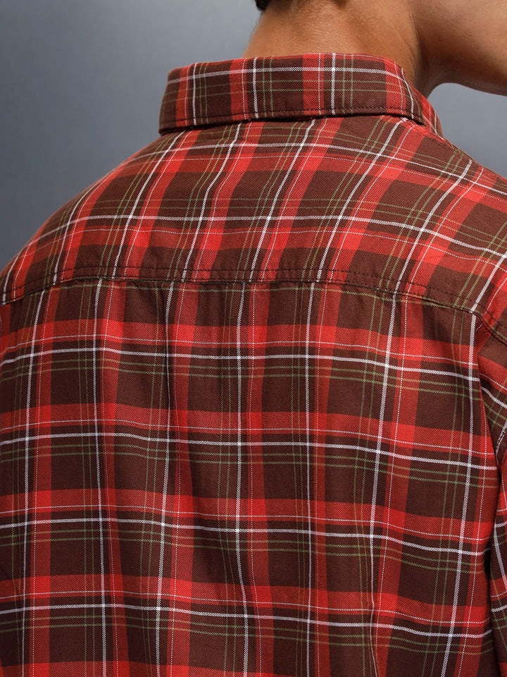 Men's oversize raw hem detail check shirt  | Brown