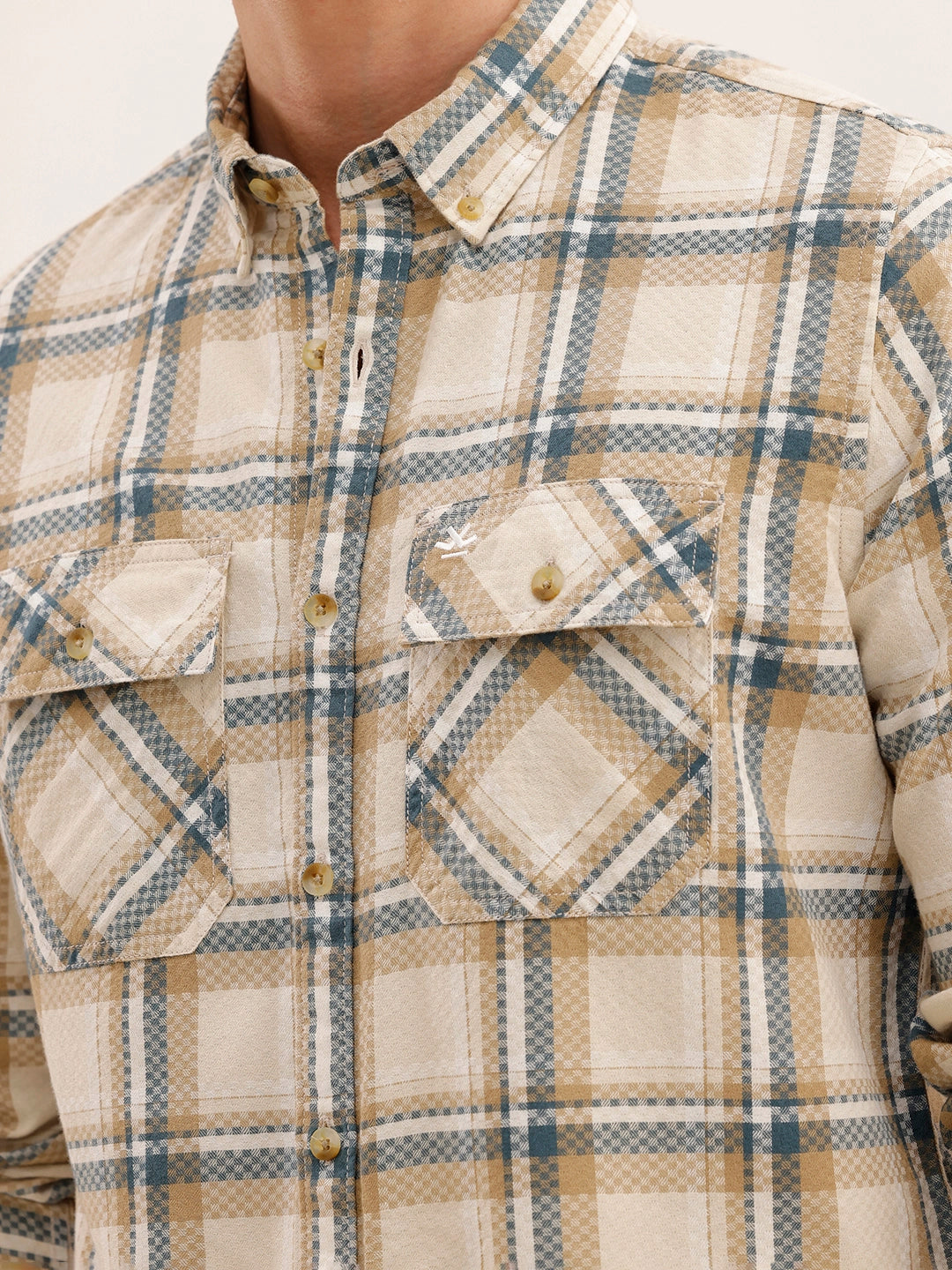 Regular Fit Double Pocket Checkered Shirt | Beige