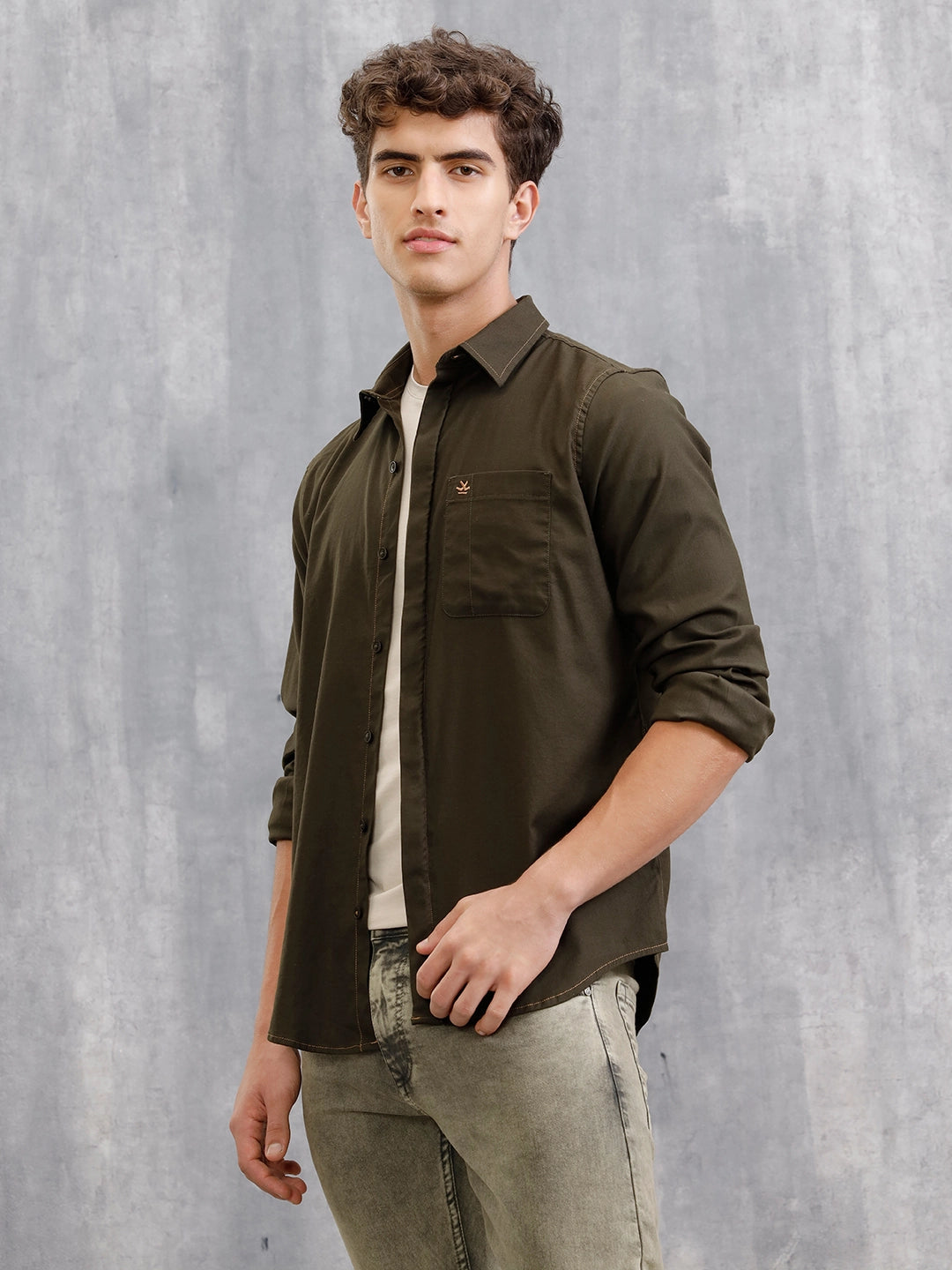 100% Cotton Enzyme Regular Fit Shirt with Contrast Stitch Line I Olive