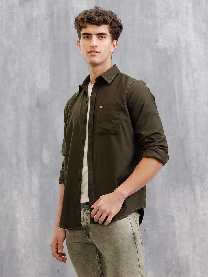 100% Cotton Enzyme Washed Regular Fit Shirt Wiht Contrast Stitch Line I Olive