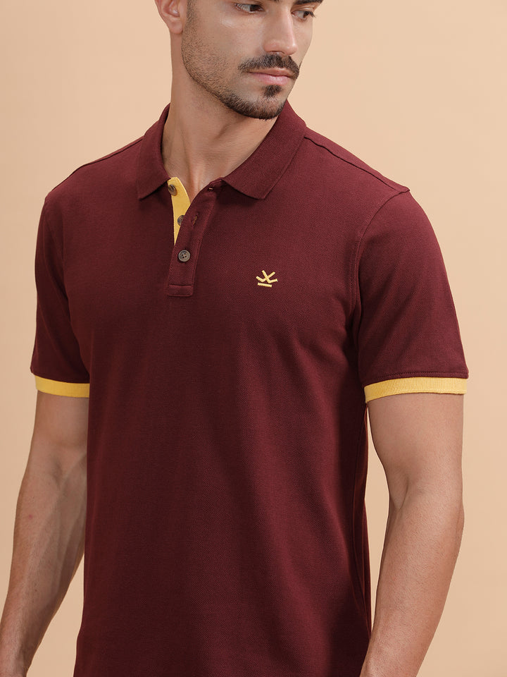 Contrast Detail Slim Fit Polo T-Shirt | Maroon