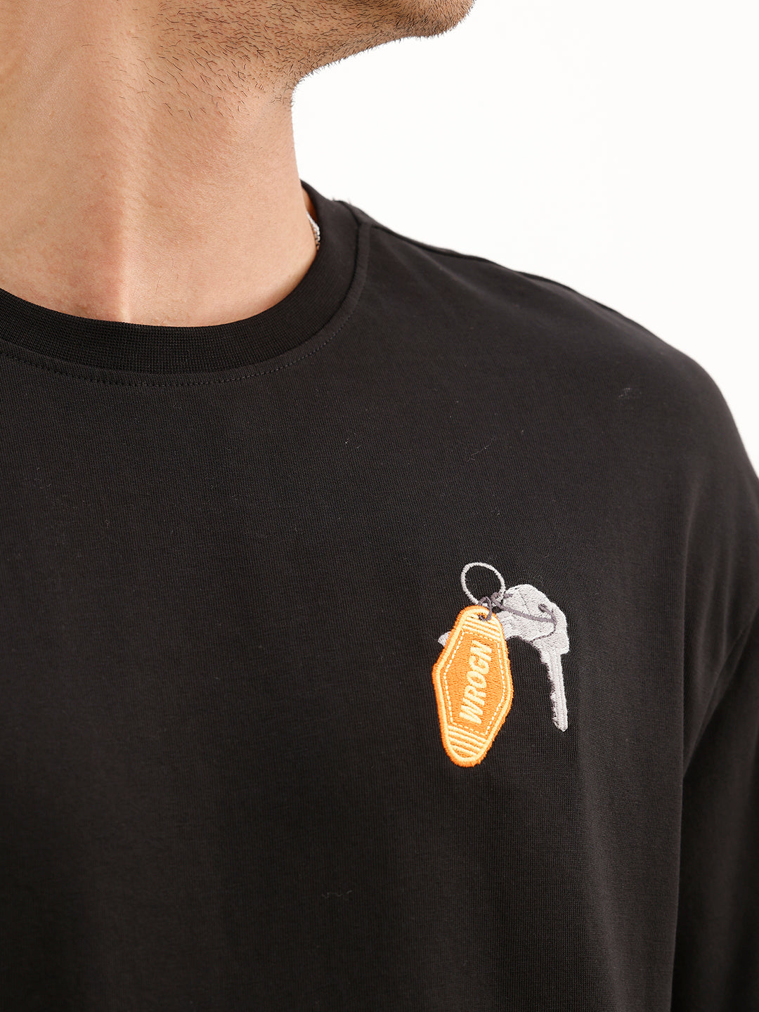 Oversized Emroidered Patch Detail T-Shirt | Black