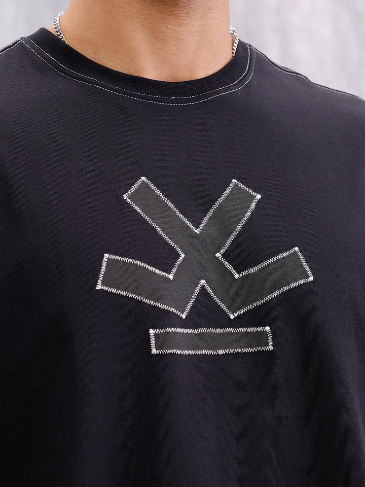 Contrast Stitch Detail Oversized Fit T-shirt With Logo Embroidery | Black