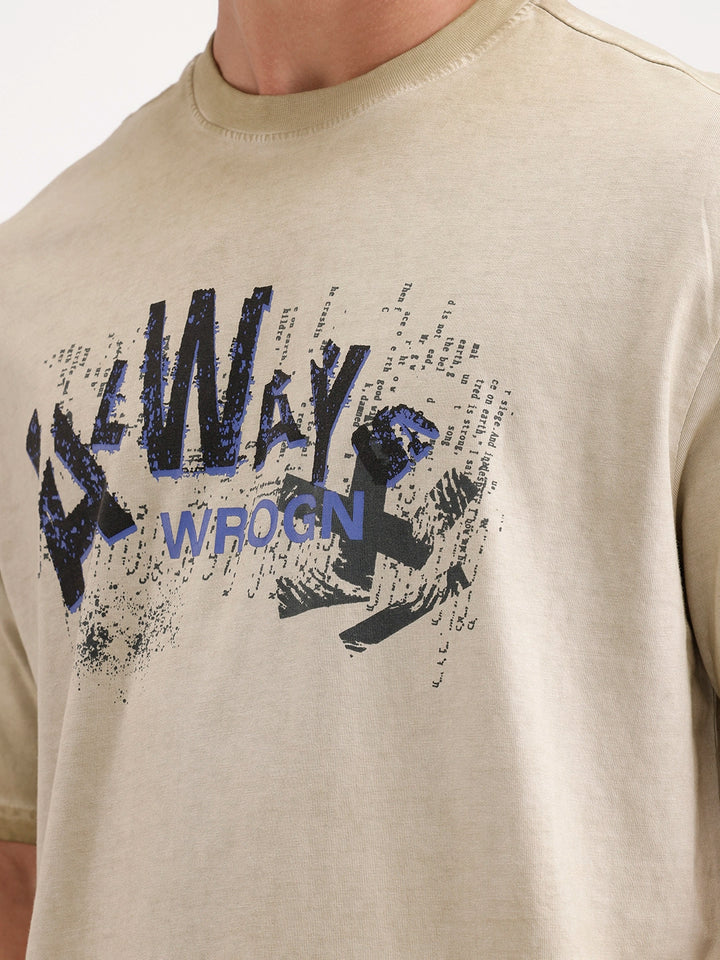 Oversized Washed Placement Printed T-Shirt | Khaki