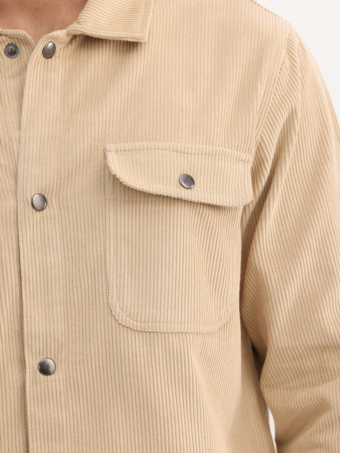 Solid Regular Fit Double Pocket Corduroy Jacket | Beige