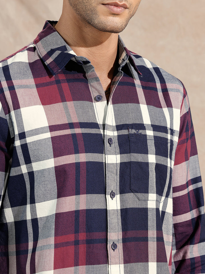 Checked Twill Slim Fit Shirt | Maroon