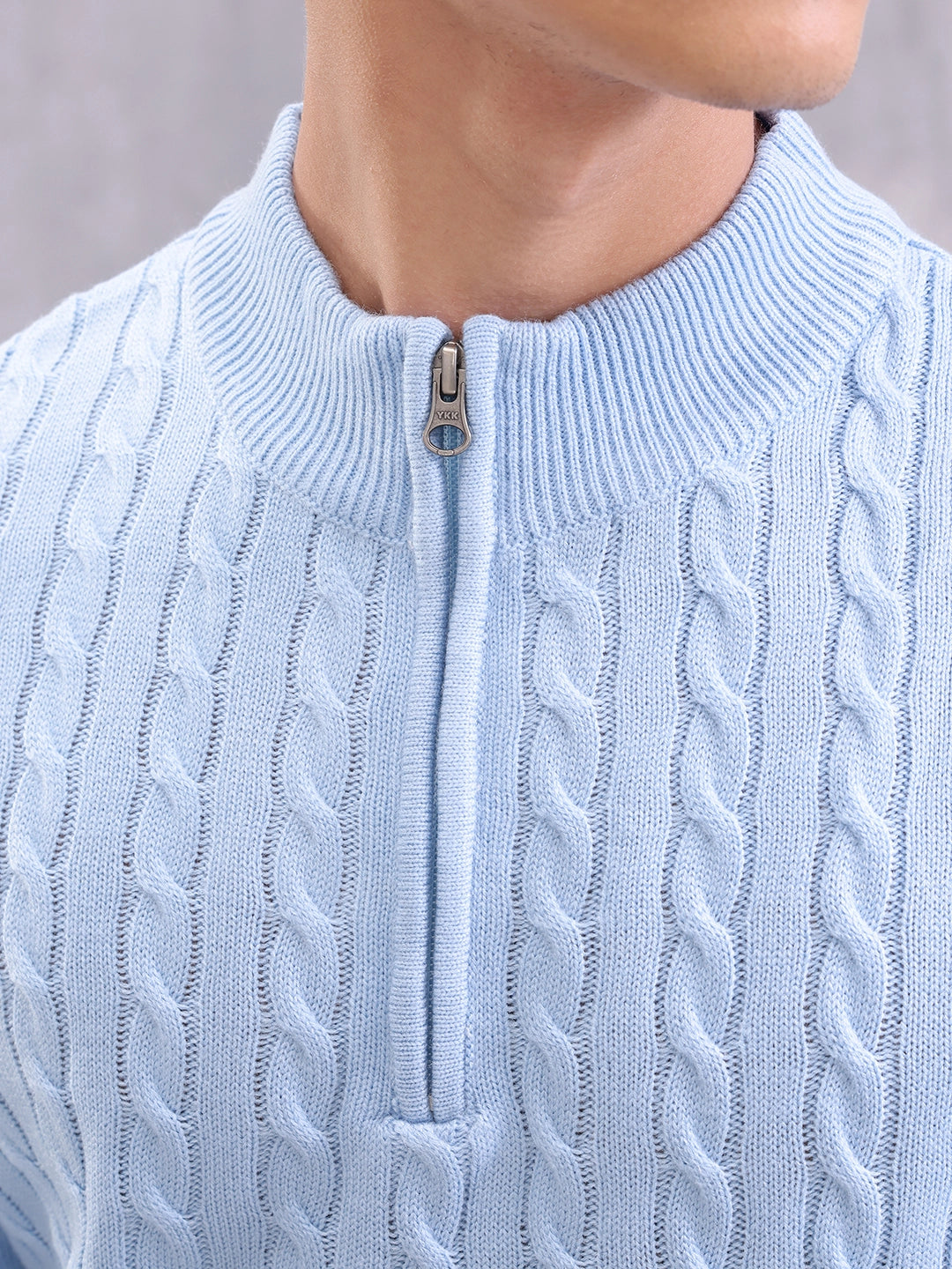 Soft Pastel Blue Cable Knit Half Zipper Pullover | Light Blue – Wrogn
