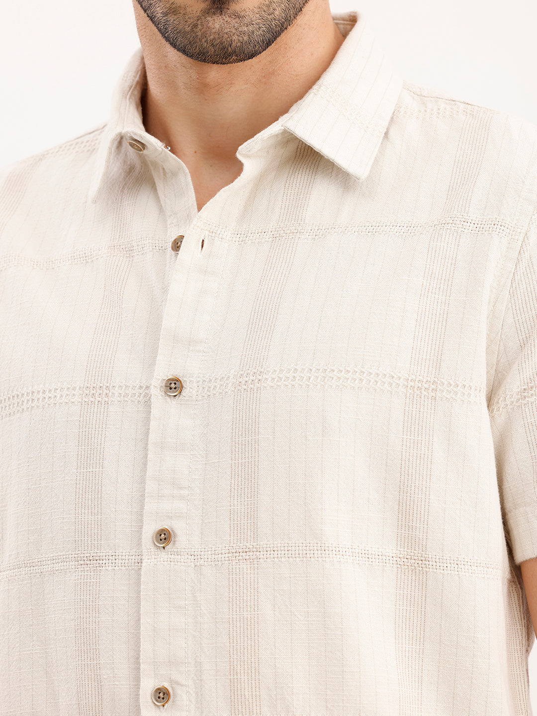 Textured Slim Fit Half Sleeved Shirt | Off White