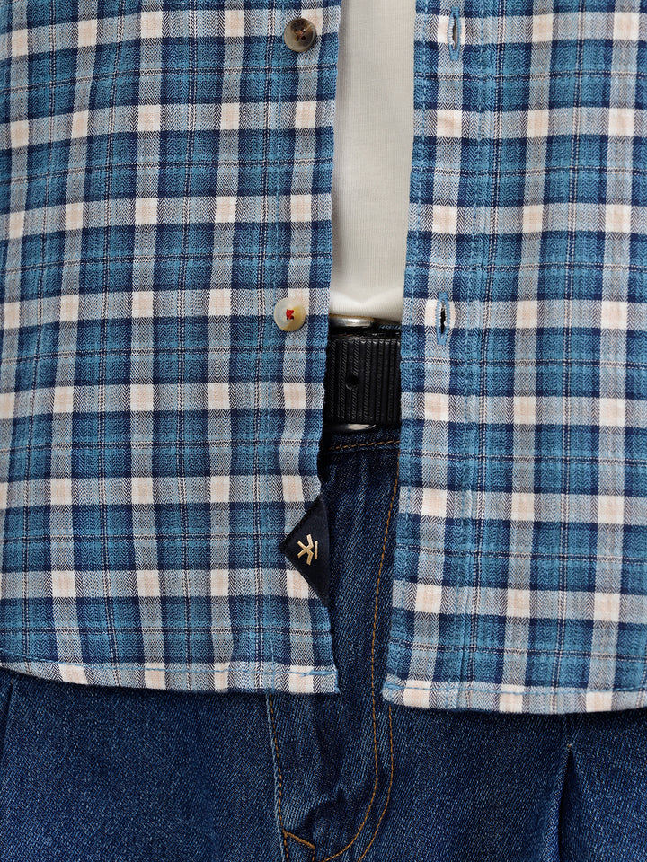 Micro Check Shirt In Seersucker Fabric | Blue