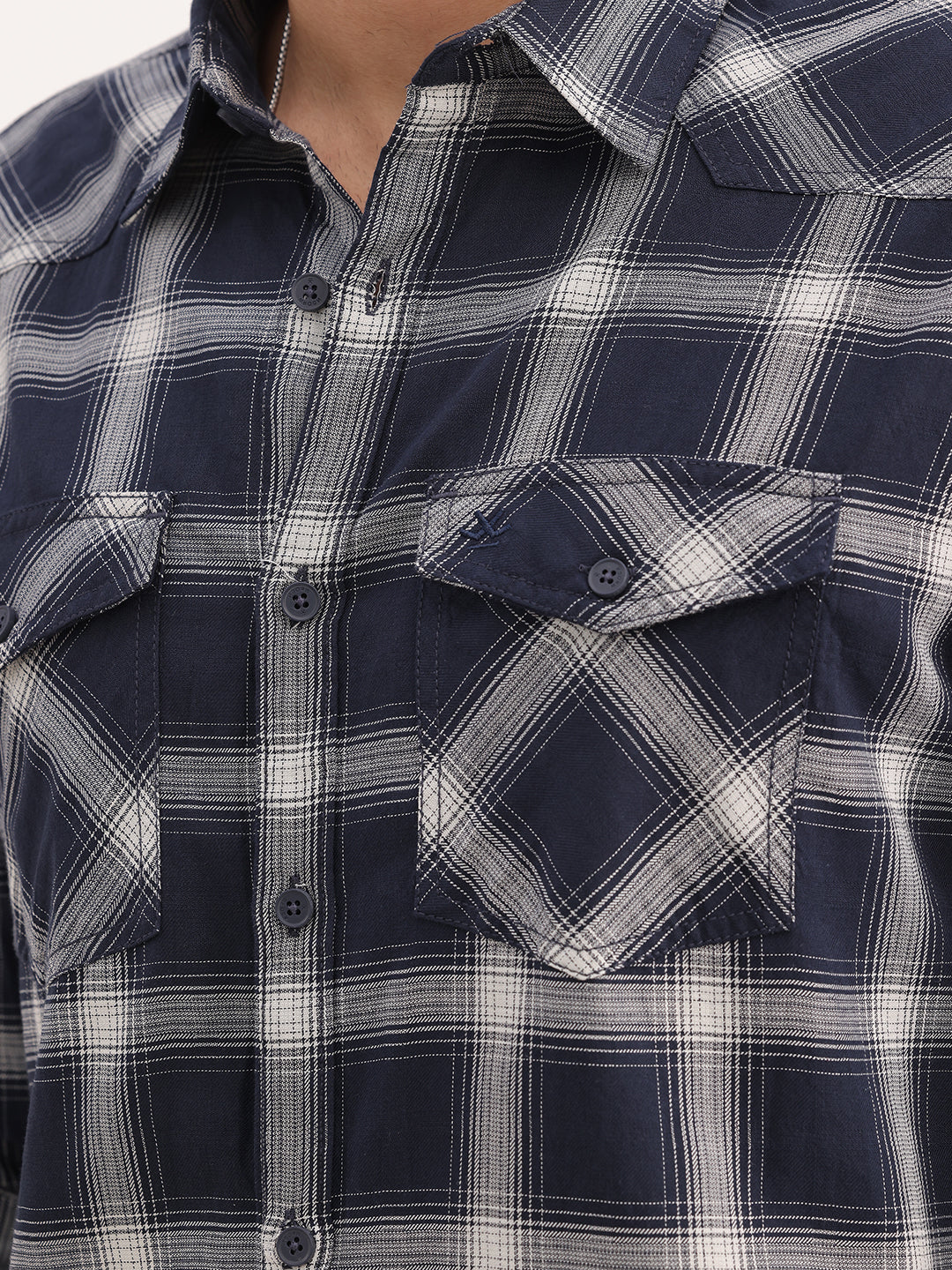 Slim Fit Checkered Double Pocket Shirt | Navy Blue