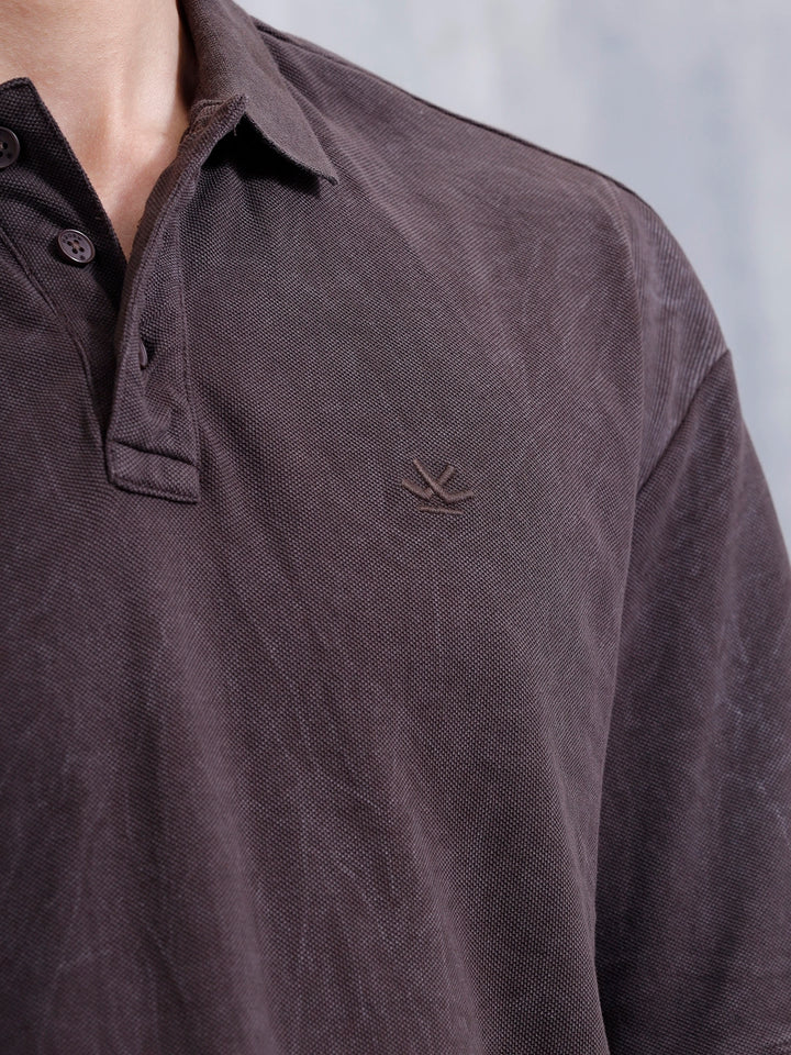 Washed Oversized Polo Neck Tshirt | Brown