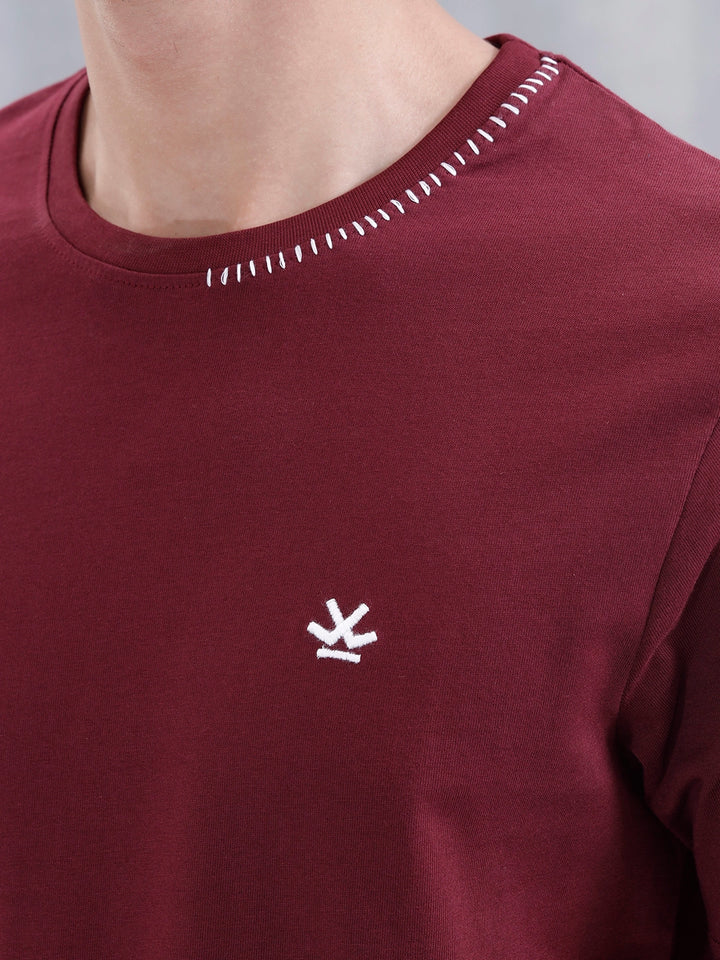Contrast Stitch Slim Fit Cotton T-Shirt | Maroon