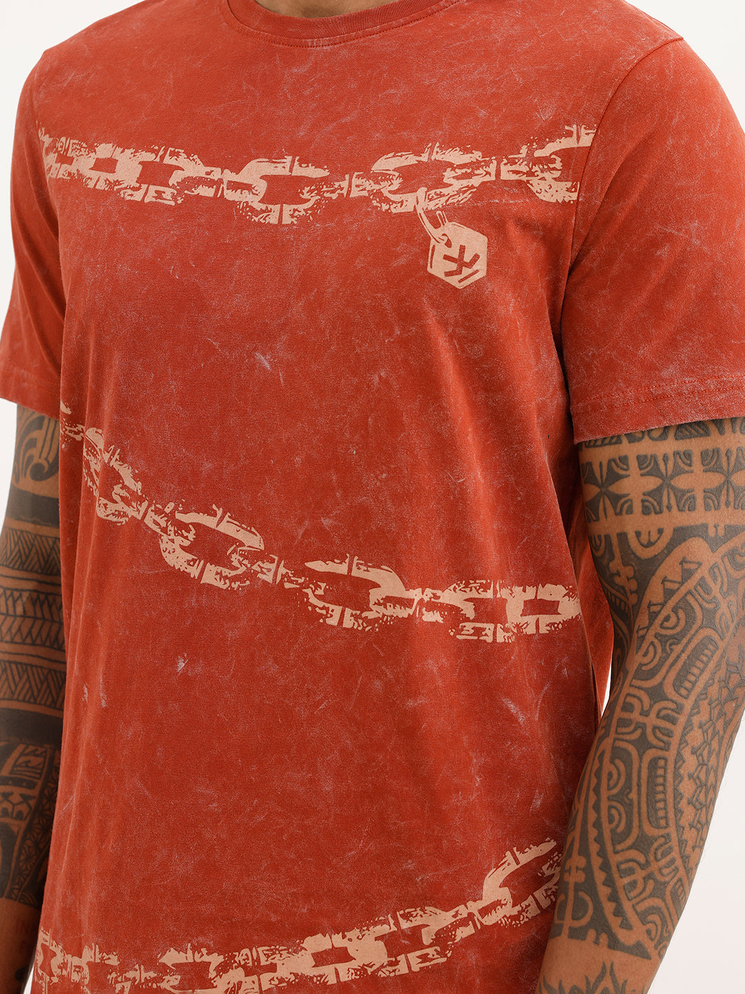 Slim Fit Washed Placement Printed T-Shirt | Rust