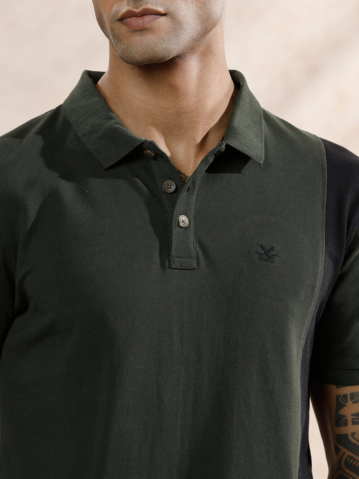 Asymmetric Colour Blocked Polo T-Shirt | Olive