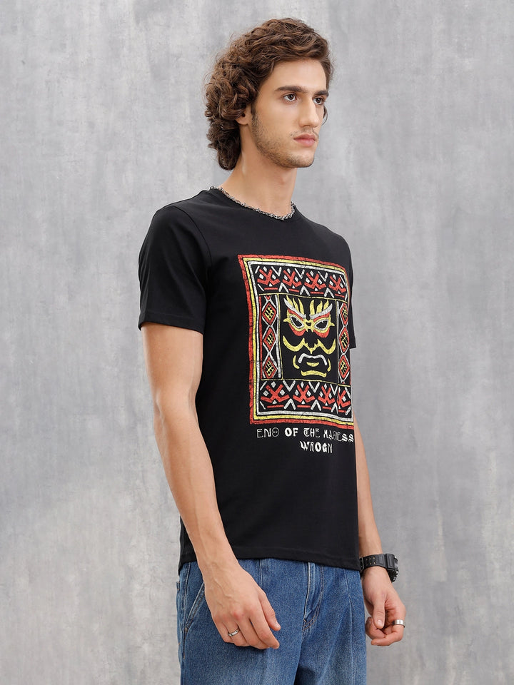 Mythical Face Graphic Crew Neck T-Shirt In Slim Fit  |  Black