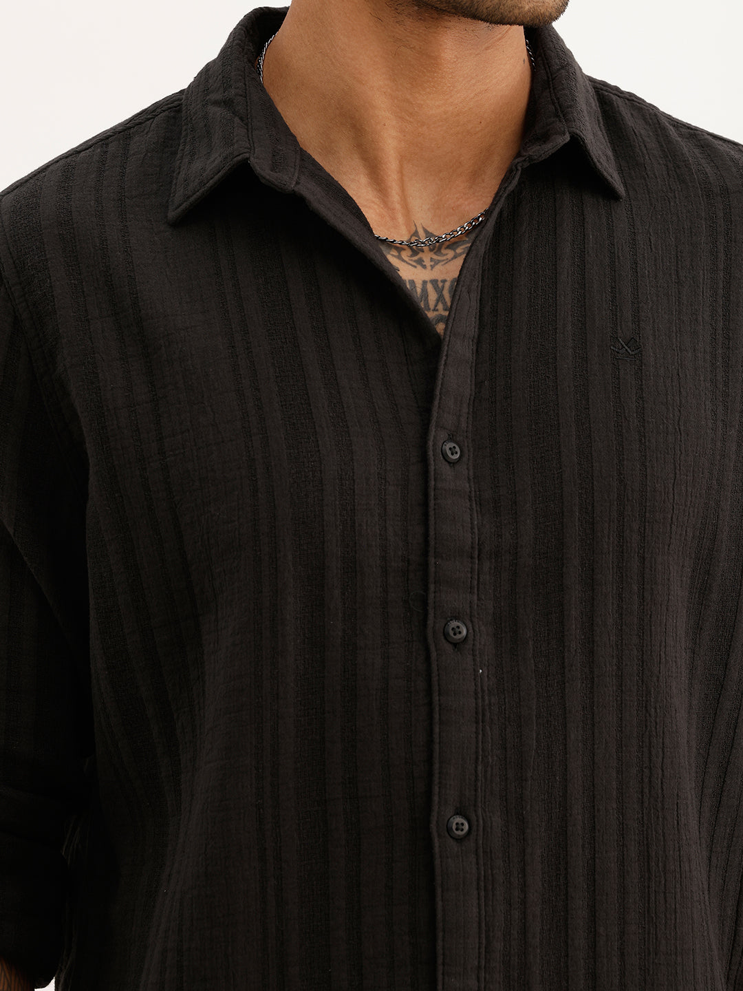 Textured Slim Fit Striped Shirt | Black