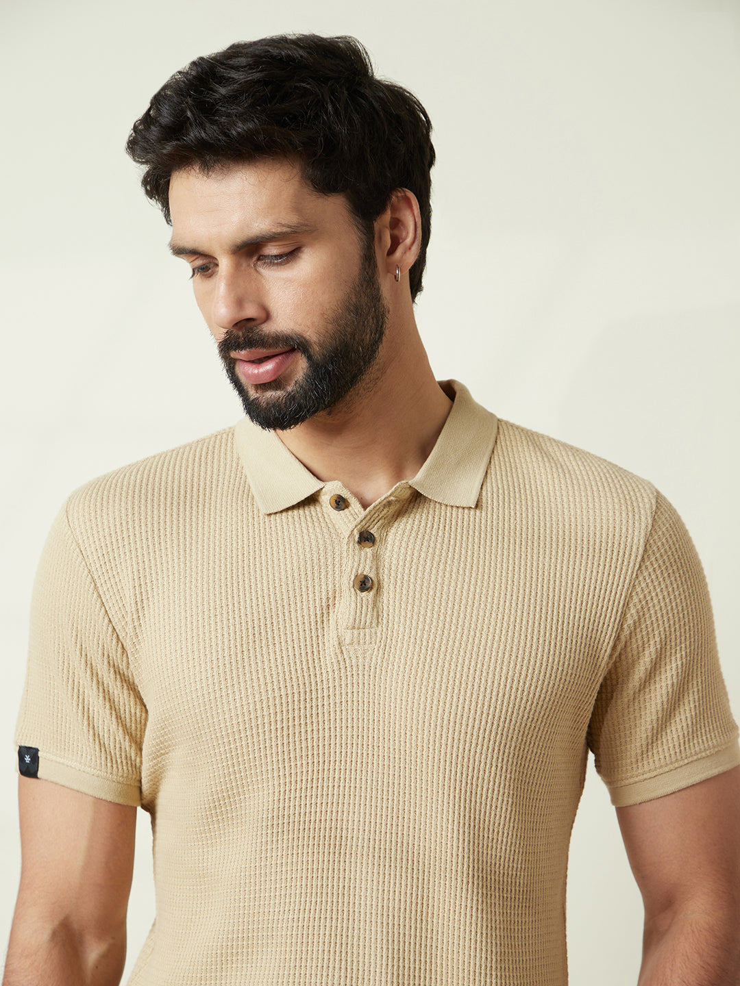 Textured Slim Fit Polo T-Shirt in Beige