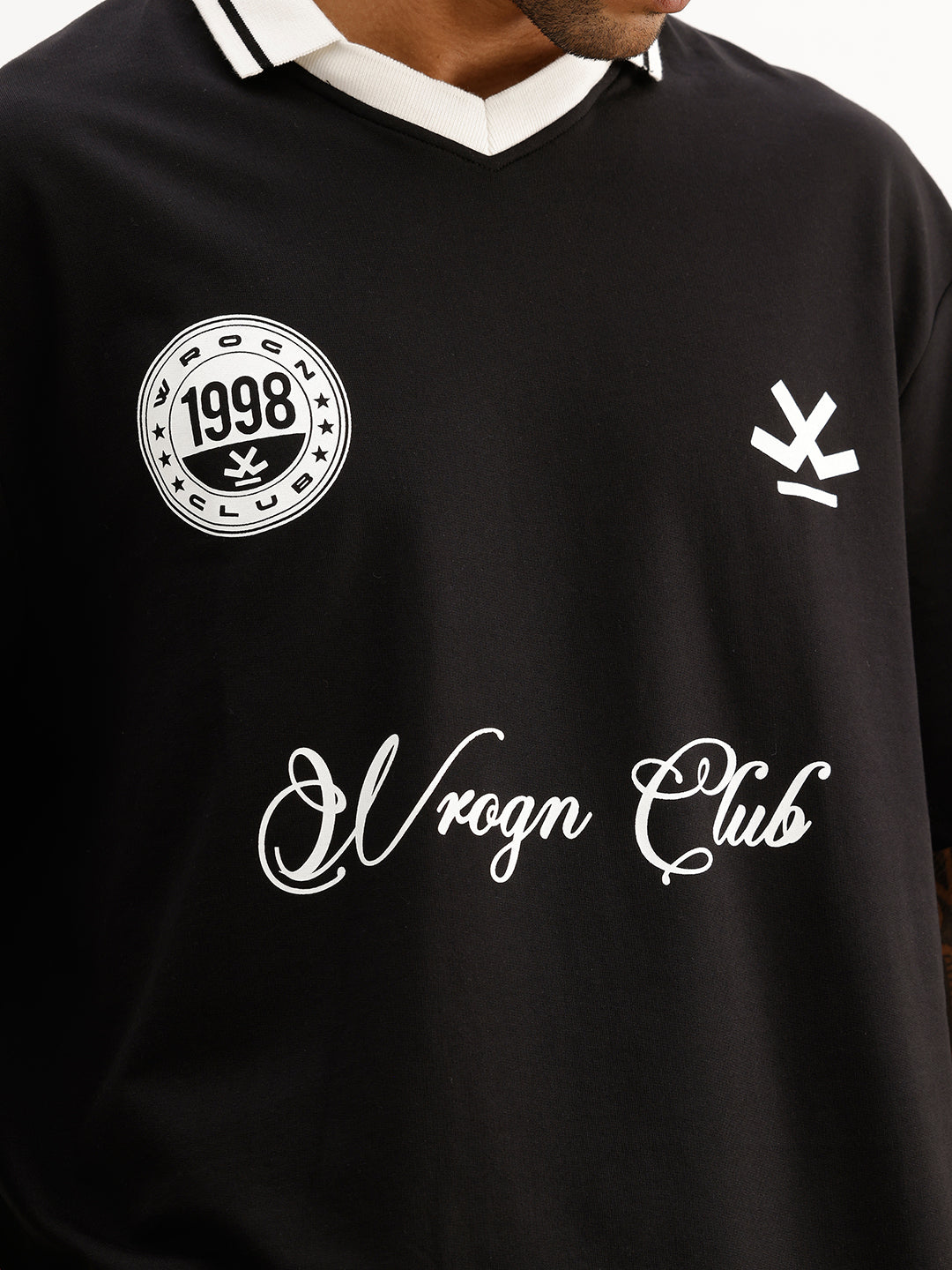 Oversized Placement Printed Polo T-Shirt | Black