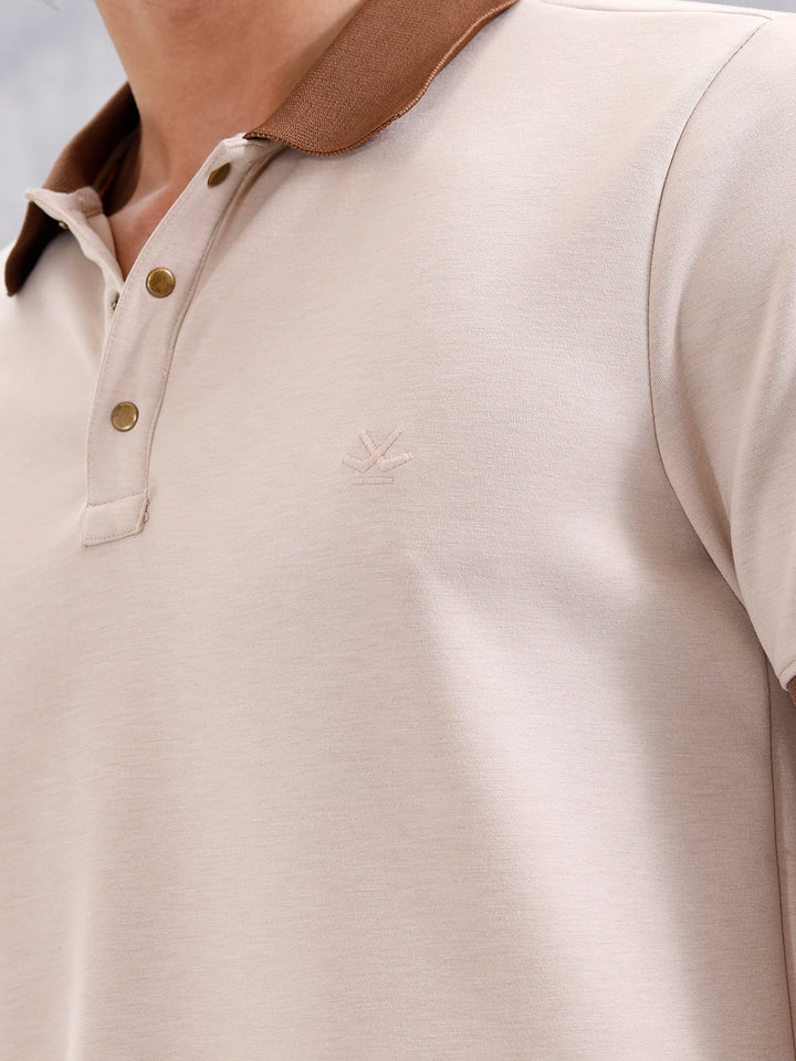 Men Slim Fit Polo Collar T-Shirt With Contrast Collar | Beige
