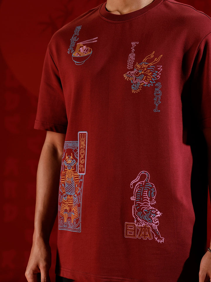 Oversize tshirt with warrior motif prints | Maroon