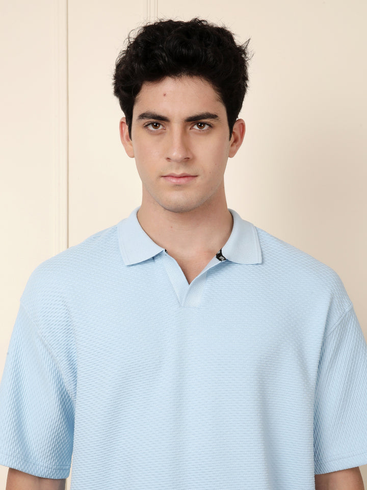 Textured Oversized Polo T-Shirt | Blue