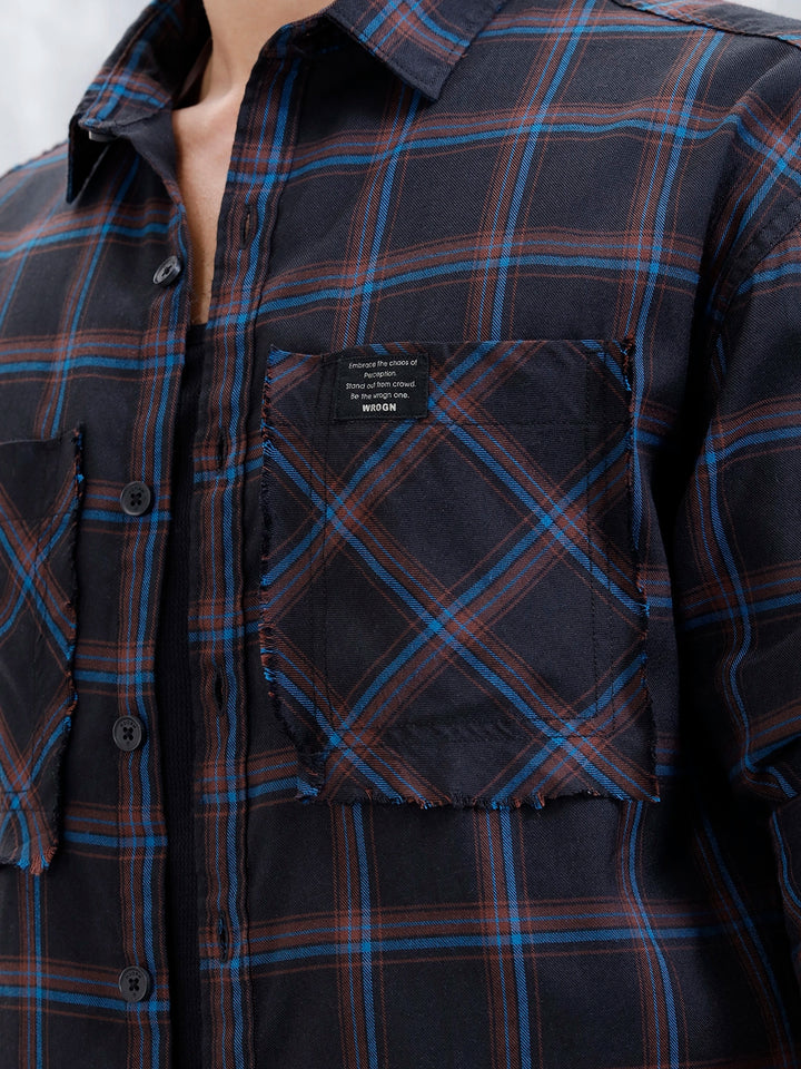 Wrogn Oversized Checkered Shirt With Raw Edged Double Pockets | Black