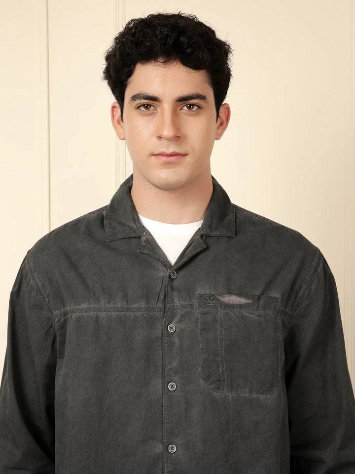 Cuban Collar Relaxed Shirt in Black