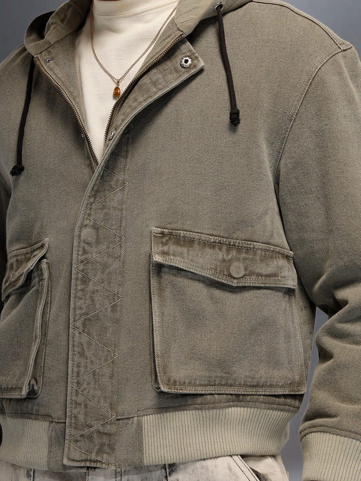 men's casual oversized crop fit front zipper hooded jacket | Olive