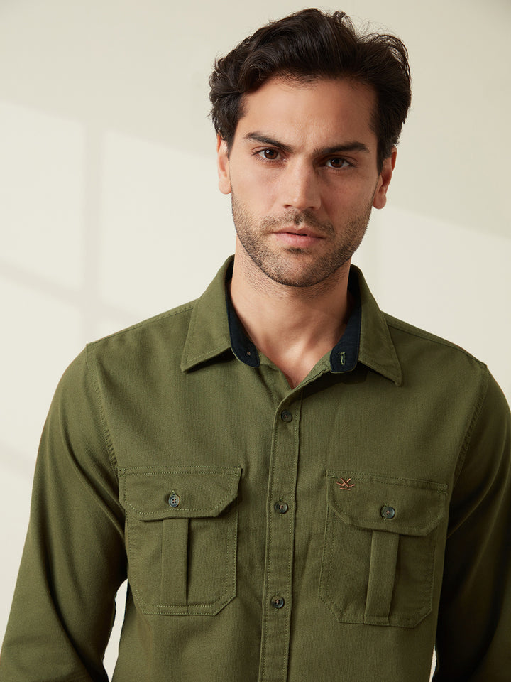 Fine Corduroy Slim Fit Shirt | Green