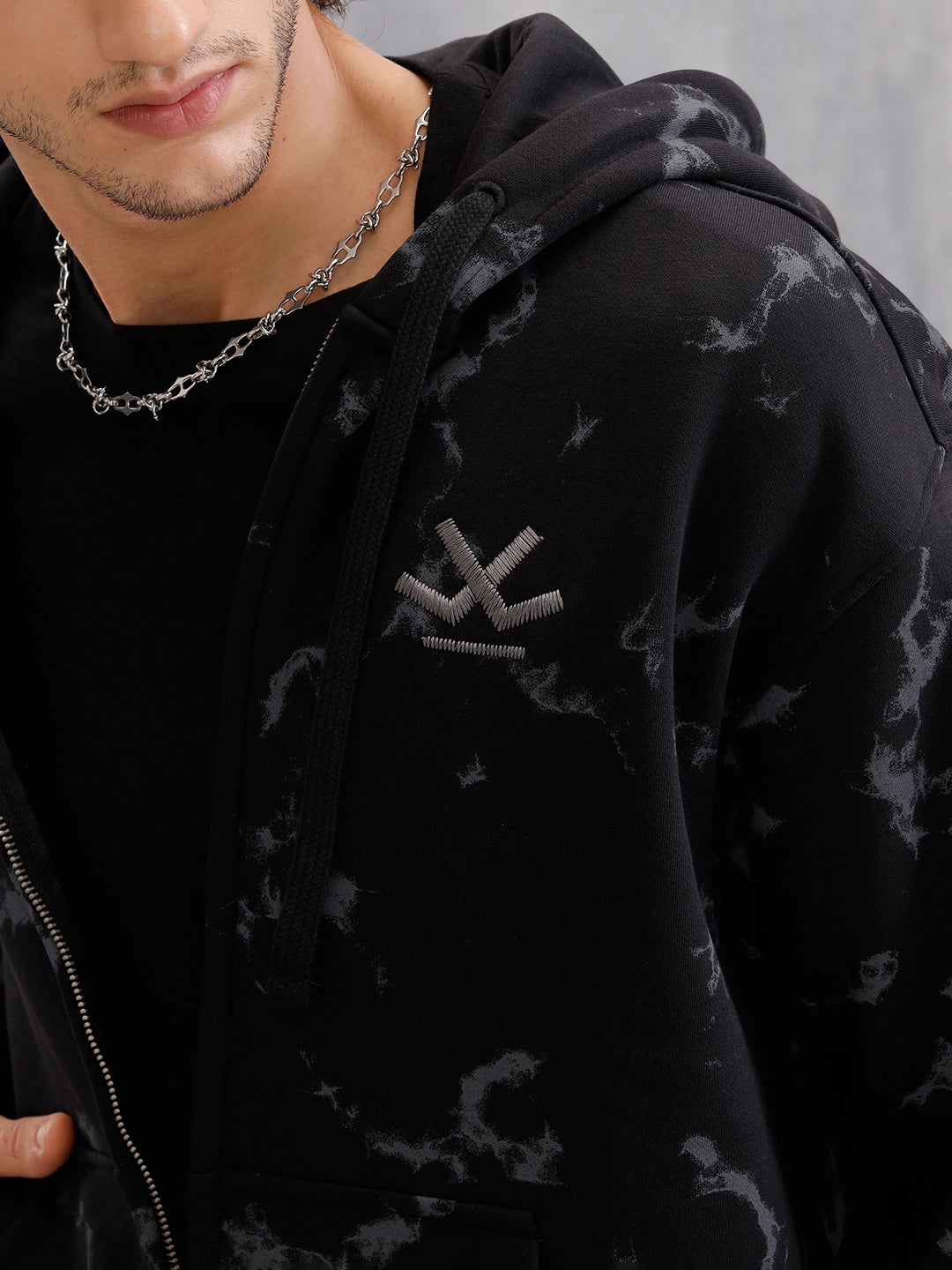 Distressed Printed Front Open Hooded Sweatshirt  |  Black