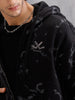 Distressed Printed Front Open Hooded Sweatshirt  |  Black