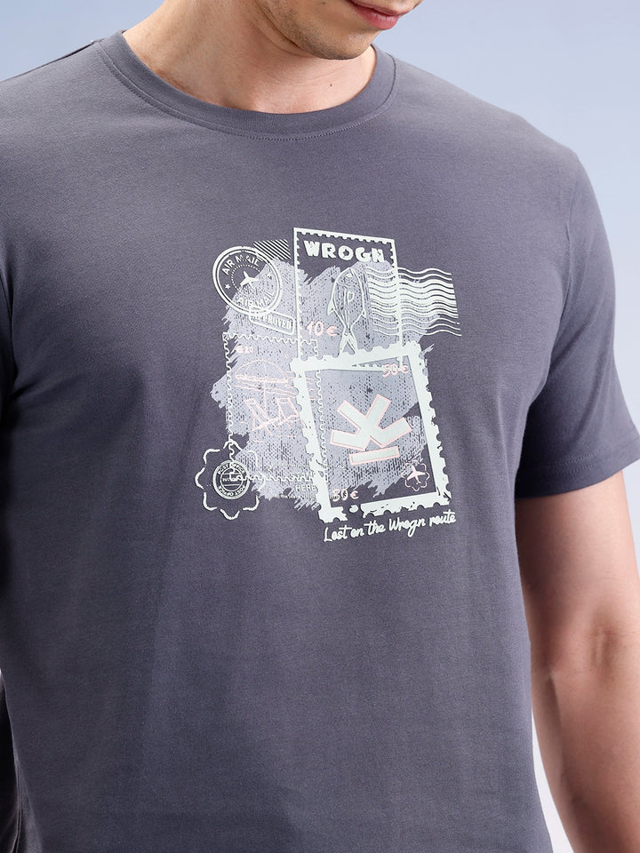 Slim Fit Placement Printed T-Shirt  | Dark Grey