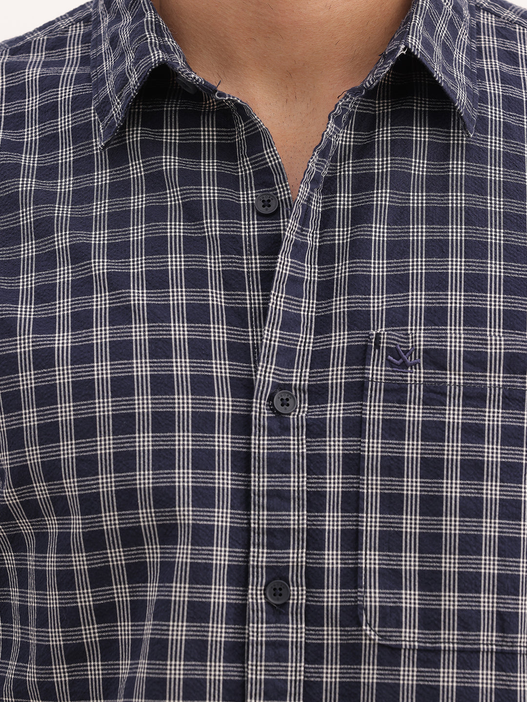 Slim Fit Checkered Full Sleeve Shirt | Navy Blue