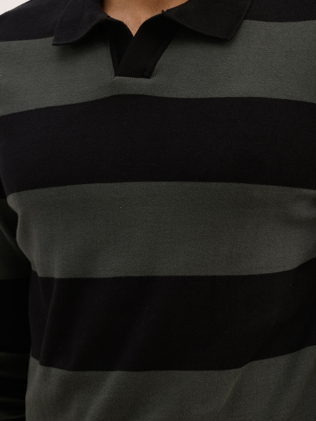Slim Fit Striped Full Sleeve Polo T-Shirt | Black