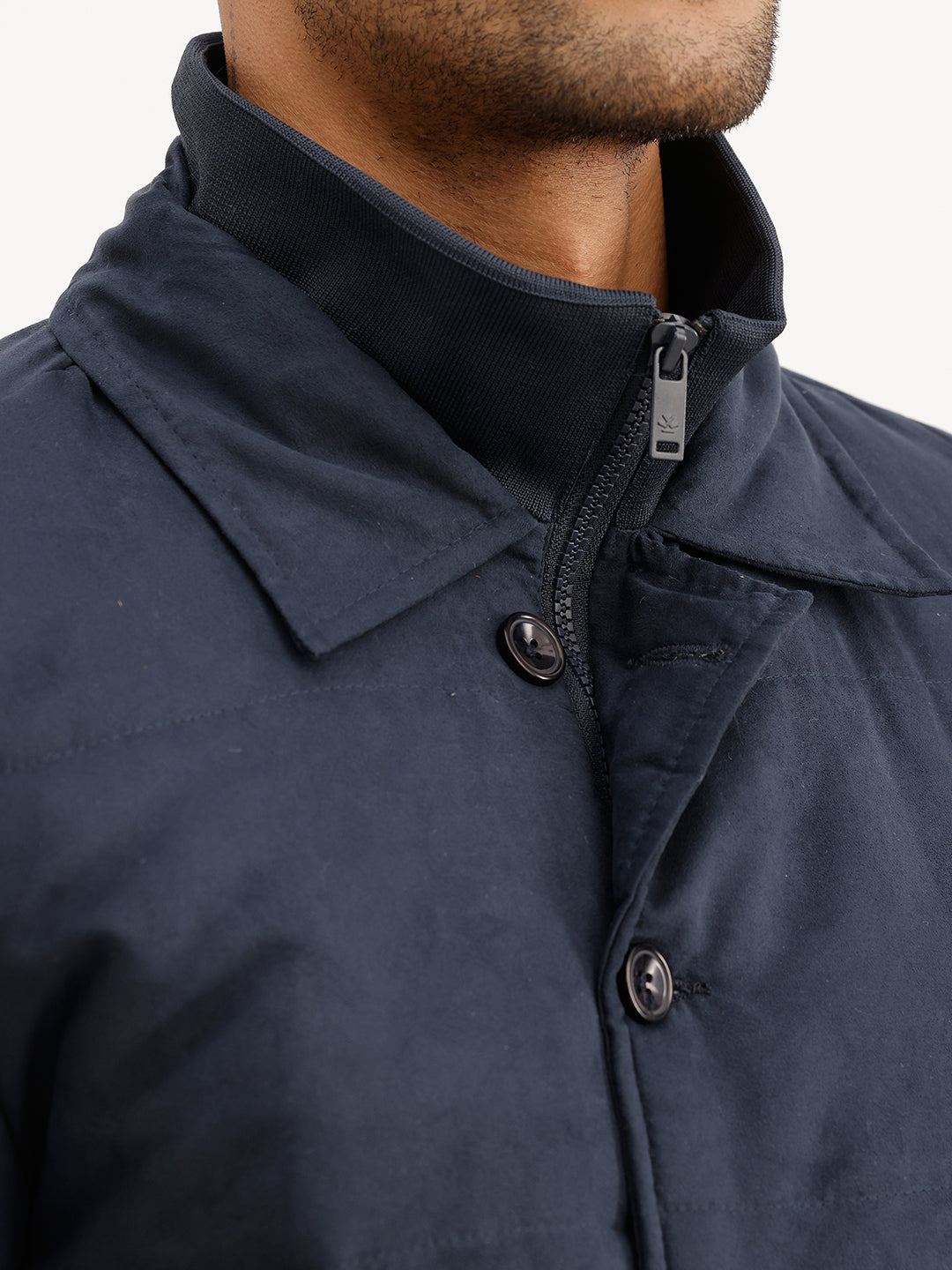 Solid Regular Fit Puffer Jacket | Navy Blue