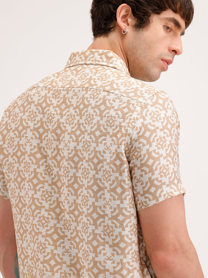 Slim Fit AOP Half Sleeve Shirt | Beige
