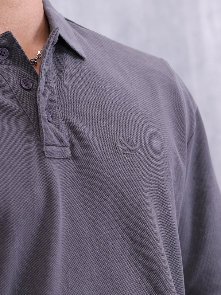 Retro Washed Oversized Fit Polo Collar T-shirt | Charcoal