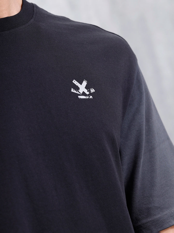 Washed Oversized Crew Neck T-shirt With Print | Black