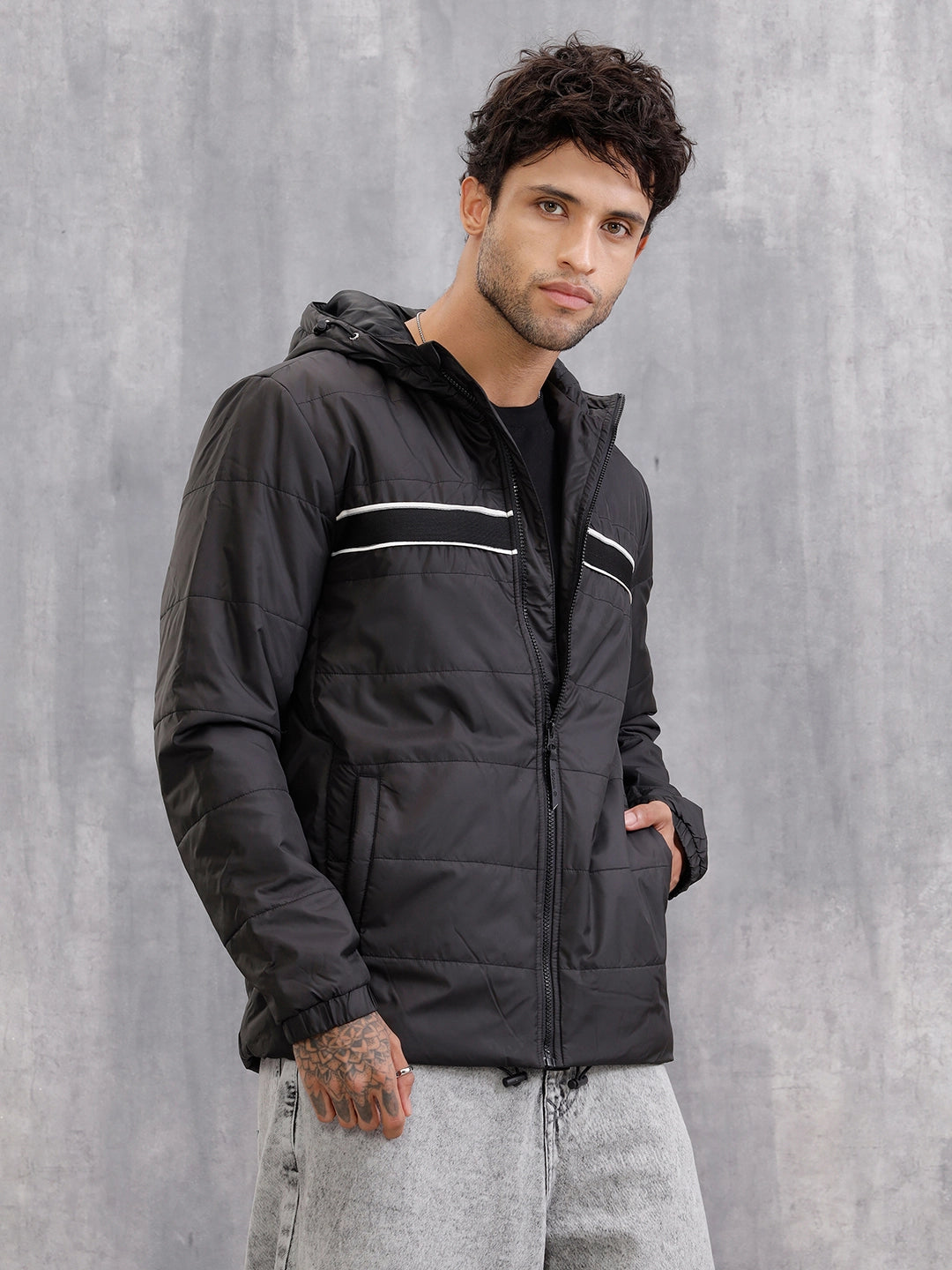 Quilted Jacket With Front Knitted Tape Detail | Black