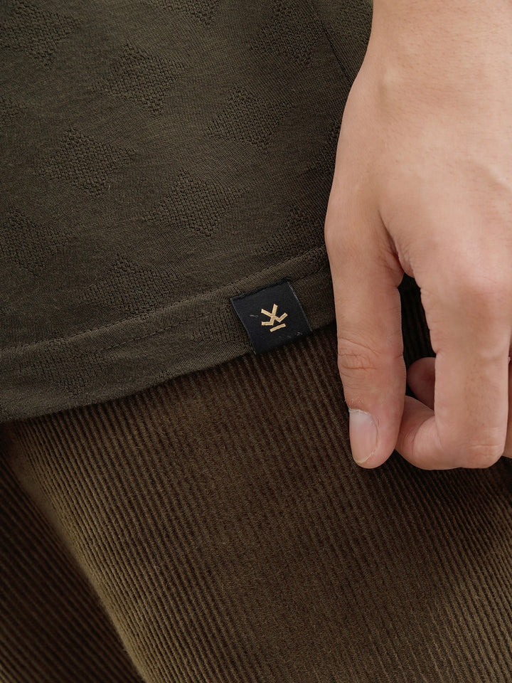 Geometric Jacquard Slim Fit Cotton Blend T-Shirt  |  Olive