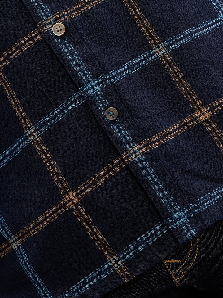 Textured Notebook Check Shirt In Slim Fit  | Navy Blue